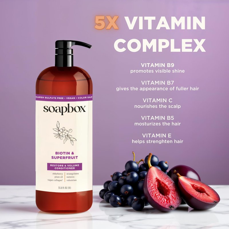 Soapbox Biotin & Super Fruit Shampoo & Conditioner Set, Leaves Hair Volumized & Strengthened - Clean Ingredients Free of Harsh Chemicals, Sulfates, Parabens & Silicones - 1 Liter Each