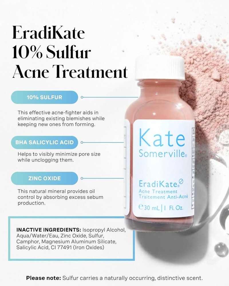 Kate Somerville EradiKate Acne Treatment - 10% Sulfur & BHA Pimple Cream | Medicated Drying Lotion, 1 Fl Oz