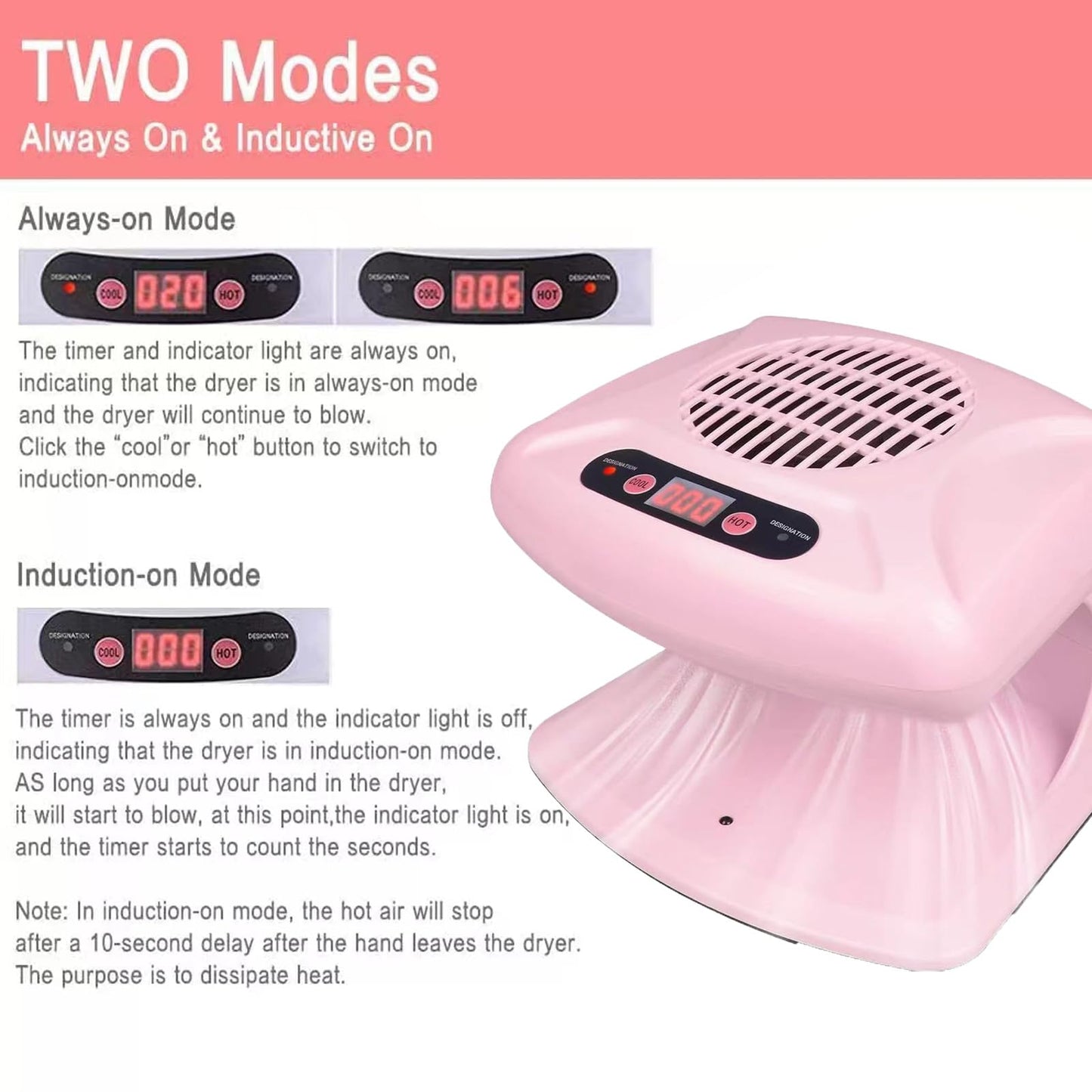 GGAIFbp Nail Dryer for Regular Polish 300W 2 in 1 Nail Drying Fan with Auto Sensor Hot and Cold Air Professional Nail Dryer for Manicure Salon and Daily Home Use (Pink)