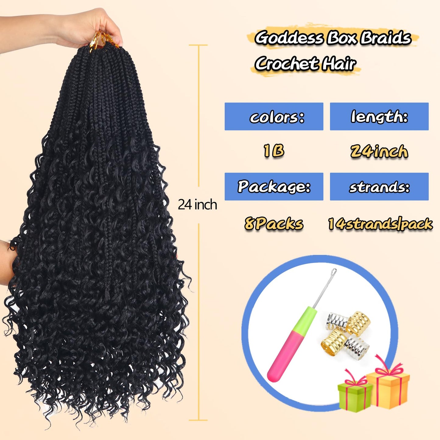 YEBO Goddess Box Braids Boho Braids Crochet Hair Pre Looped, Knotless Boho Crochet Braids With Curly Ends, Bohemian Crochet Hair Box Braids(24 Inch (Pack of 8), 1B)