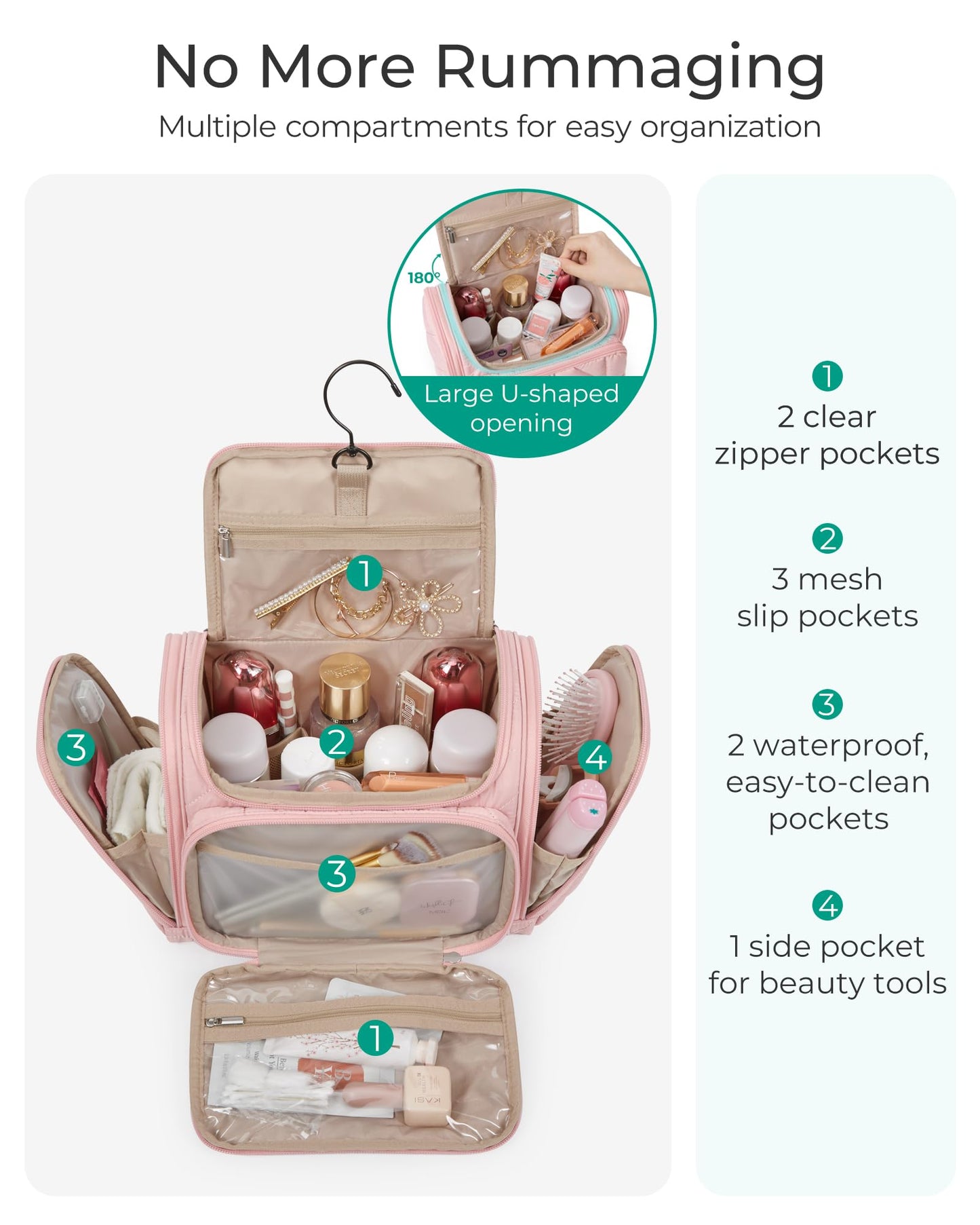 BAGSMART Toiletry Bag Travel Bag with Hanging Hook, Water-resistant Lightweight Puffy Makeup Bag Large Wide-open Travel Bag for Women Travel Organizer for Accessories, Cosmetics, Toiletries, Nude Pink