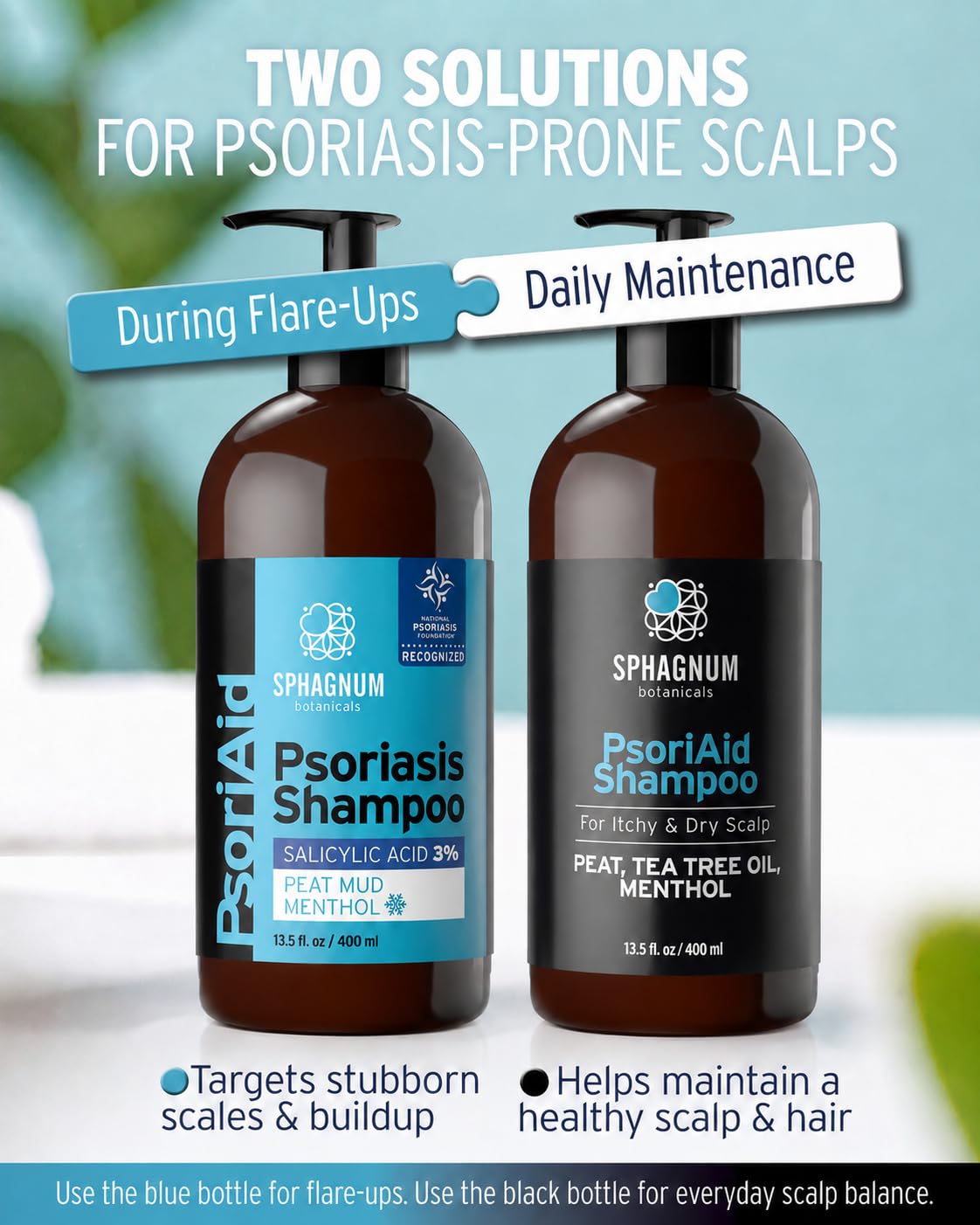 Sphagnum Botanicals Psoriasis Shampoo with Salicylic Acid for Women and Men, Natural Relief for Dry, Itchy, Flaky Scalp, Menthol and Peat Mud, Sulfate-Free Medicated Formula, 13.5 fl oz