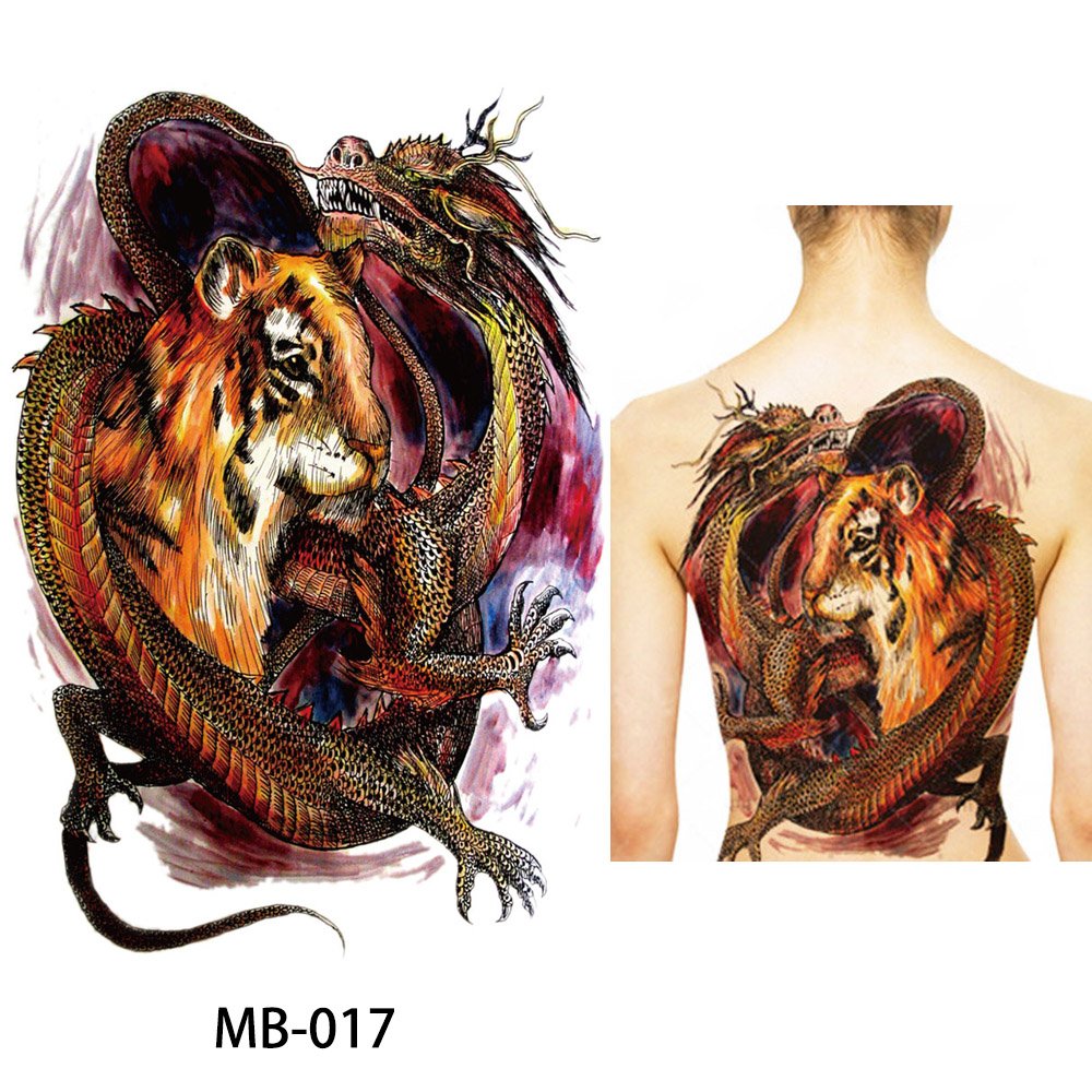 Glaryyears Super Large Full Back Covered Temporary Tattoo, 3 Pack Big Fake Realistic Tattoos Stickers for Adults Women Men, Scary Fierce Dragon Tiger Design