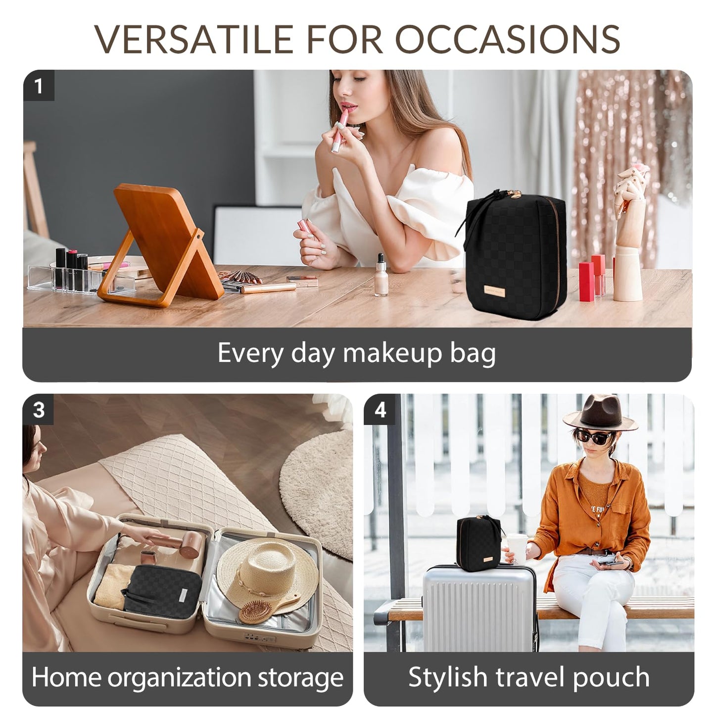 YDR Checkered Makeup Bag for Women, Travel Cosmetic Bag with Handle, Portable Makeup Organizer Pouch, PU Leather Toiletry Bag for Purse, Daily Use and Travel, Checkerboard