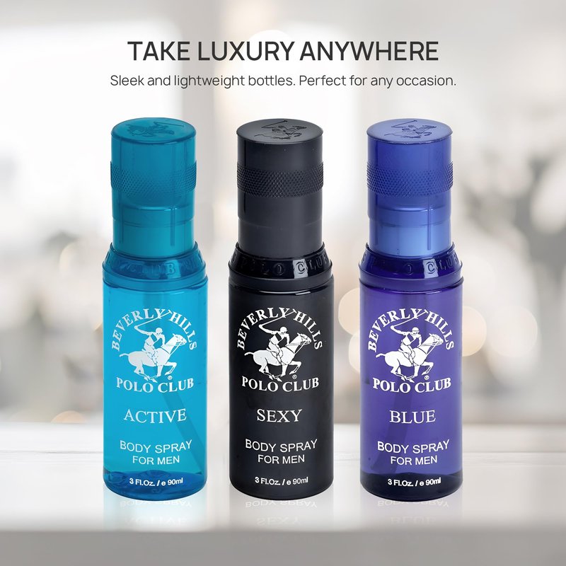 Beverly Hills Polo Club Men's Signature Body Spray Collection | 3-Piece Set: Blue, Active, Sexy | Versatile Fragrances for Every Occasion | Travel-Friendly 3 fl oz Each | Premium Grooming Gift for Him