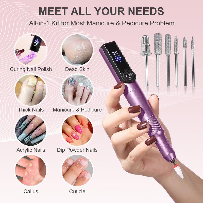 Electric Nail Drill Rechargeable Professional,2 in 1 Nail Grinder & UV Lamp Combo,35000 RPM,Portable Cordless Nail File Machine for Acrylic Nails,Gel Polishing,Shaping Nails,Manicure Art Tools