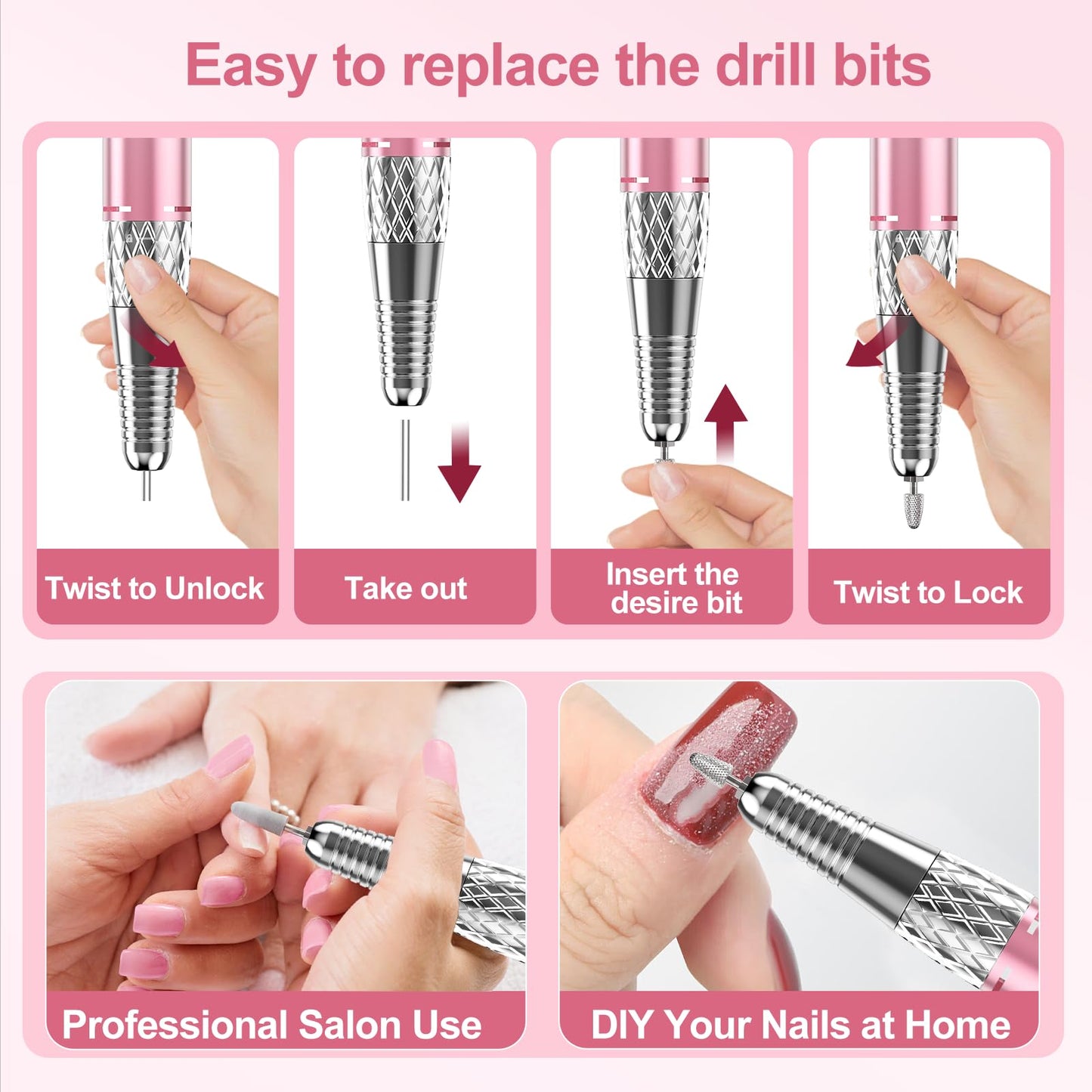Electric Nail Drill Machine Professional, Cordless Rechargeable Nail Drill Kit Low Heat Quiet E-File for Acrylic Gel Polishing Removing with Bits Kit for Manicure Salon Home (Pink)