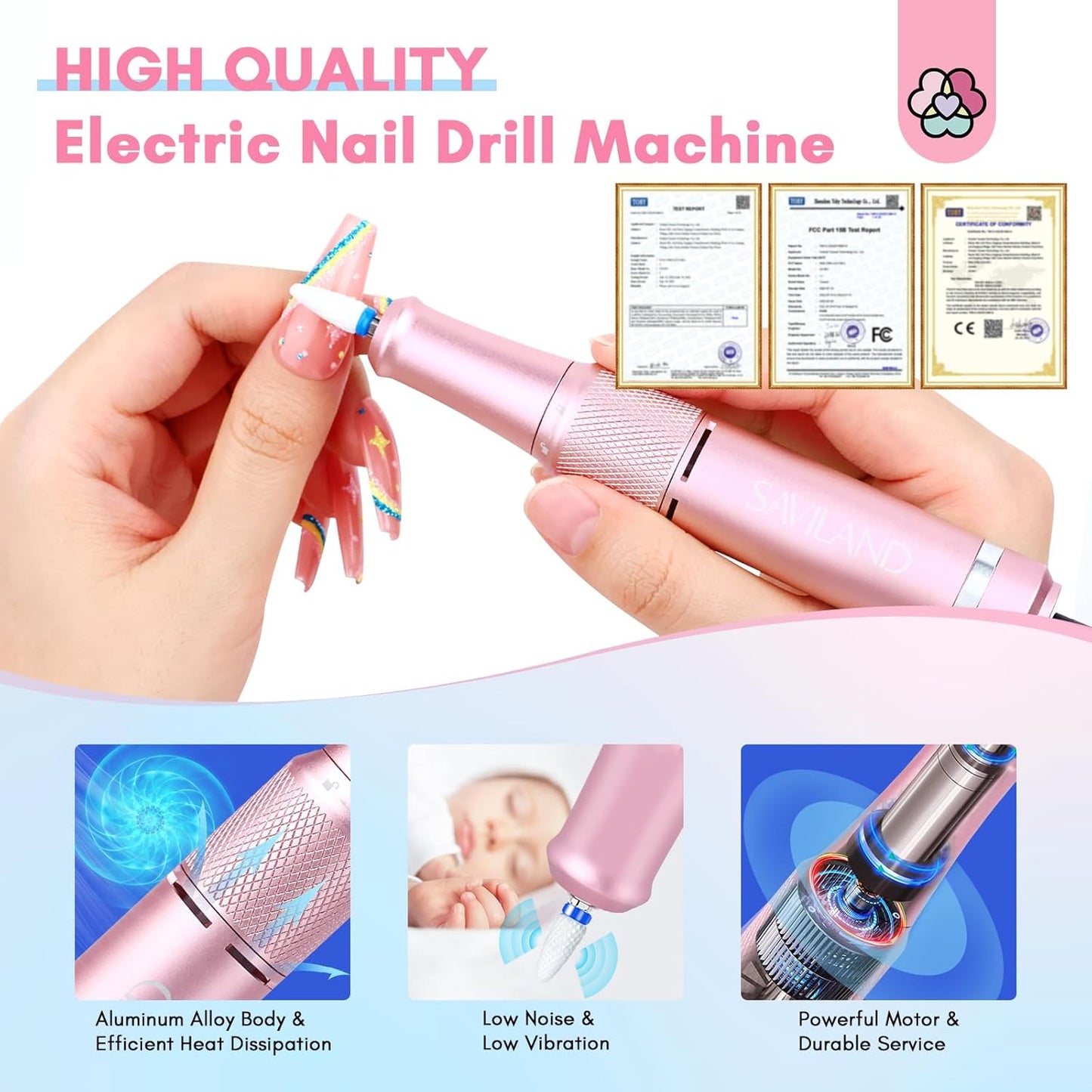 SAVILAND Professional Nail Drill - 40000 RPM Electric E-File for Acrylic Nails | Compact & Cordless Design