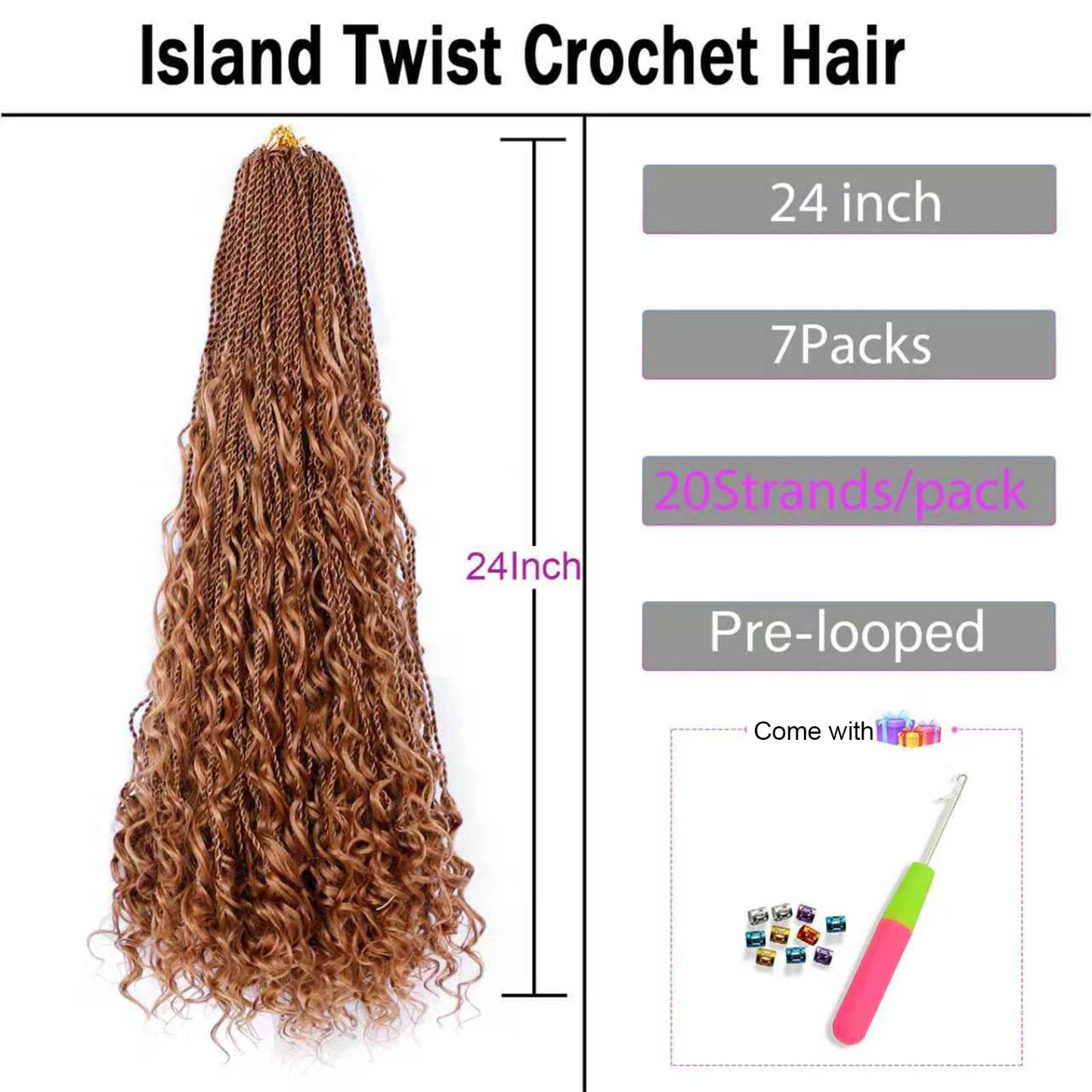 Senegalese Twist Crochet Hair for Black Women 24inch Boho Island Twist Crochet Braids With Curly Ends 20strands/pack Pre looped Goodess Boho Box Braids Hair for Braiding Hair Extensions(27Mix30)