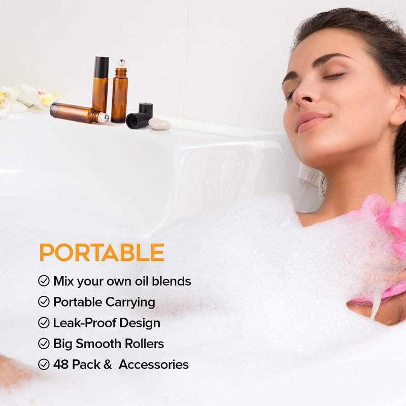 Essential Oil Roller Bottles - 10ml Amber Glass 48-Pack with Stainless Steel Balls | Refillable Applicator for Hair & Oils
