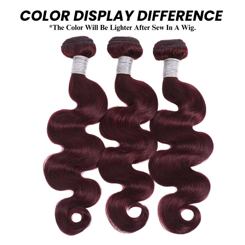Dark Burgundy Wine Color Human Hair Bundles - Body Wave, 12A Virgin Remy, Soft & Thick | 10-12-14 Inch