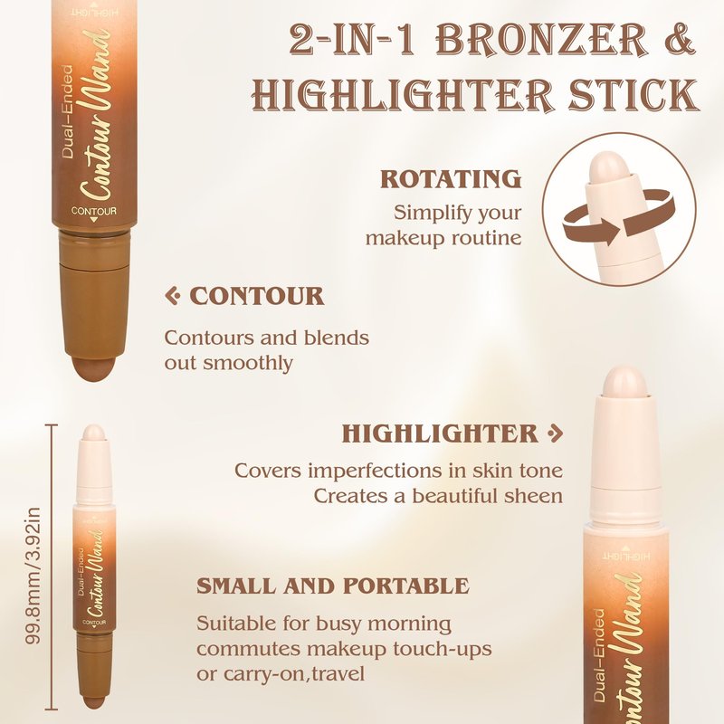 Contour Highlighter Stick，2-in-1 Dual-Ended Cream Bronzer & Highlighter Sticks Pen for Face Body Contouring Makeup- Buildable，Waterproof, Easy to Apply Suitable for Beginners，01Nuetral Nude + Beige