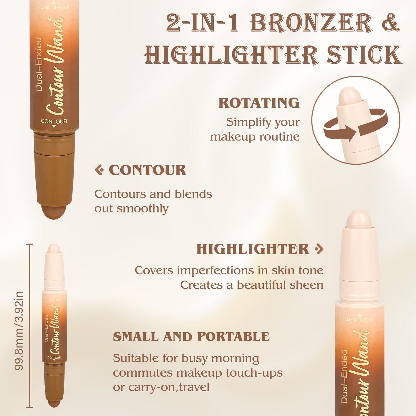 2Pcs Contour Highlighter Stick，2-in-1 Dual-Ended Cream Bronzer & Highlighter Sticks Pen for Face Body Contouring Makeup- Buildable，Waterproof, Easy to Apply Suitable for Beginners(02+02)