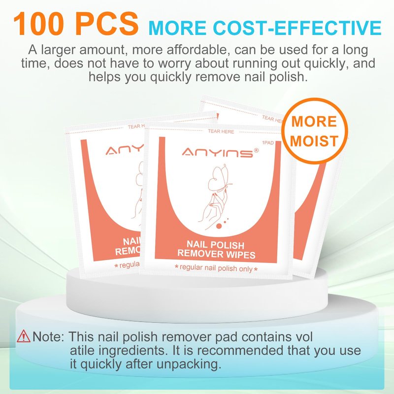 ANYINS Nail Polish Remover Pads，100PCS Nail Polish Remover Wipes Non-Toxic Fast Remove with Nutrition Oil Individually Wrapped Professional Nail Salon and Home & Travel Use