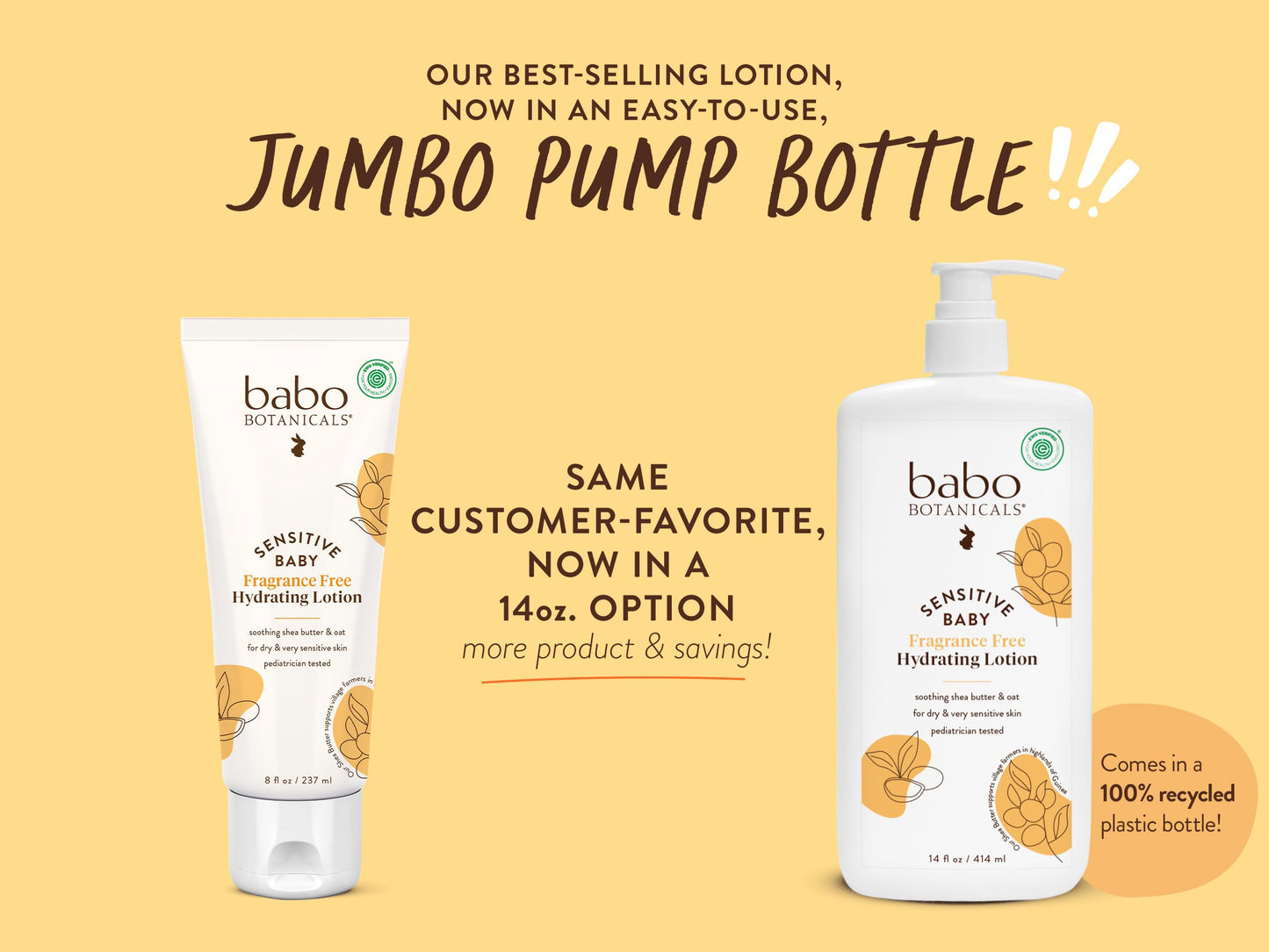 Babo Botanicals Sensitive Baby Fragrance-Free Daily Hydrating Baby Lotion - Shea Butter & Jojoba Oil - for Body & face - for Babies, Kids & Adults with Sensitive Skin - EWG Verified - Vegan - 14oz