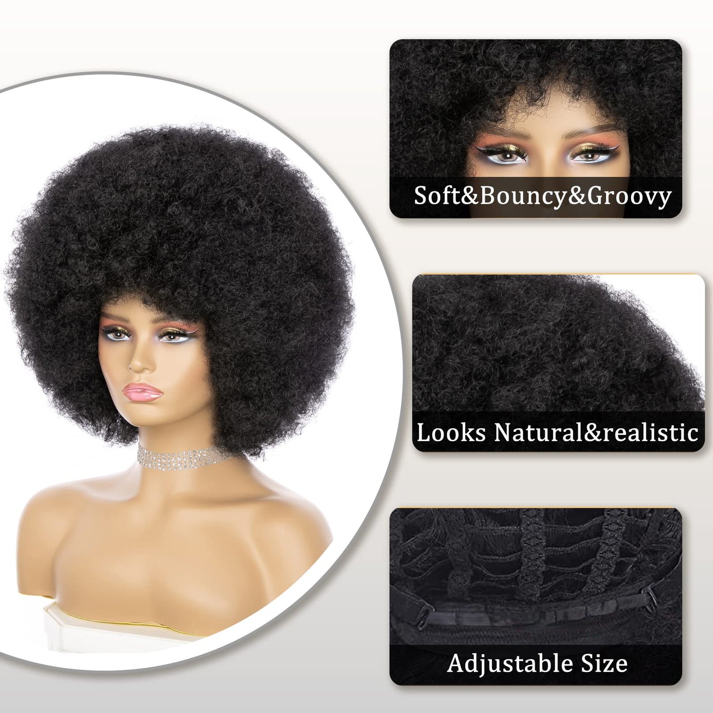 Soft Afro Wigs For Women 70s Black Afro Kinky Curly Hair Wig With Bangs