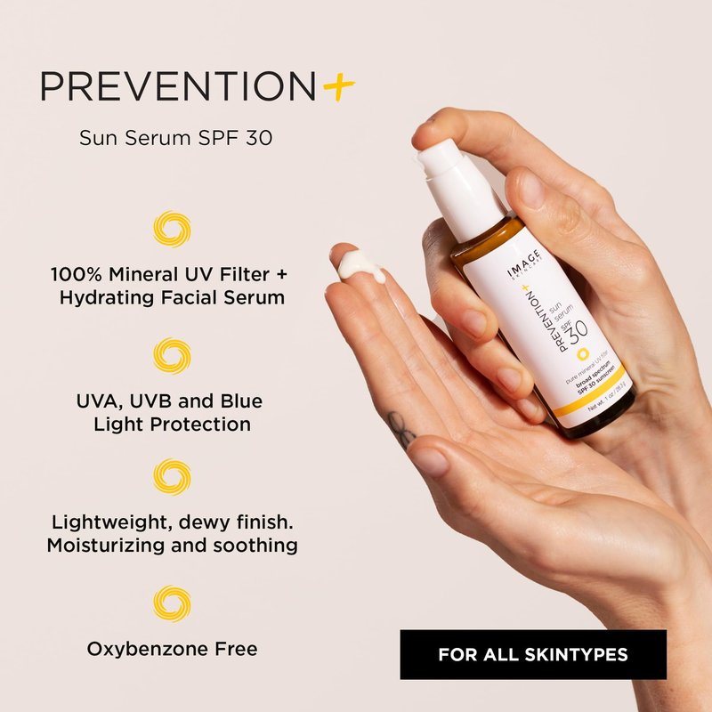 IMAGE Skincare, PREVENTION+ Sun Serum SPF 30 Mineral Sunscreen for Face, Non Comedogenic, Wear Under Makeup, Perfect Travel Size, 1.0 oz