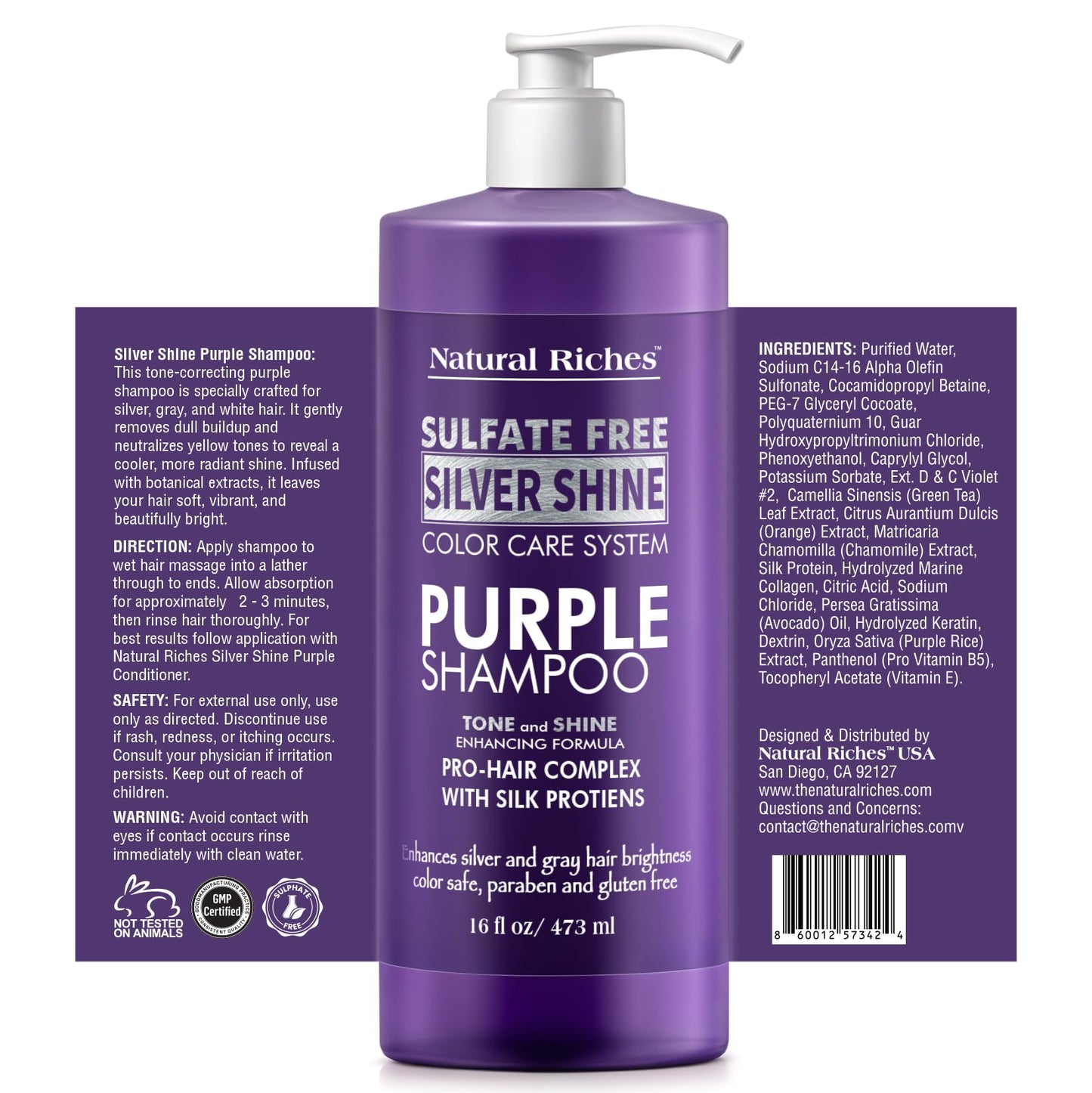 Natural Riches Radiant Silver Shine Purple Shampoo and Conditioner Set for Gray Hair - Paraben-Free and Color Safe – With Silk Proteins, Tones Dull Hair, Softens & Adds Shine - 16 fl oz