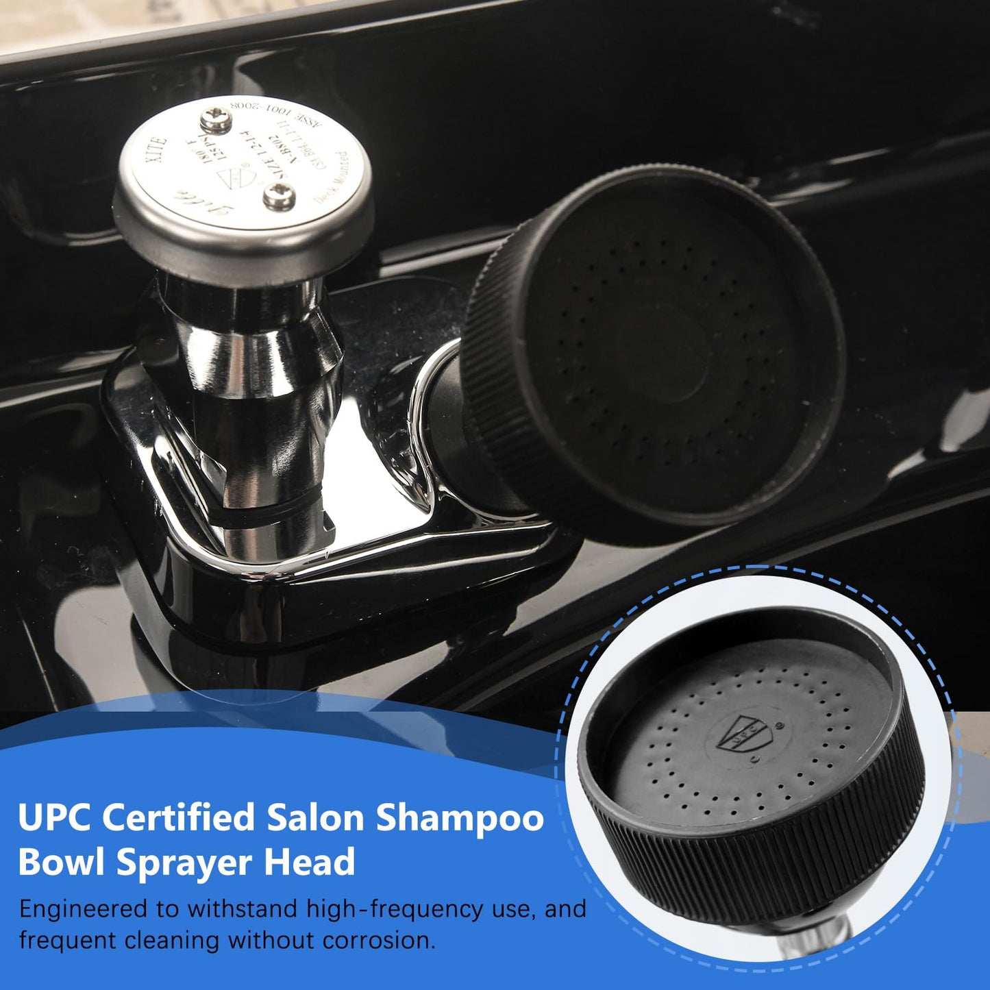 ZKDAUSDO UPC Certified Salon Shampoo Bowl Sprayer Head Hose Kit - 1/4" Thread to Attach Shampoo Bowl Faucet for Barber Shop Spa, Black Rubber Salon Sink Shampoo Bowl Hose Replacement Part