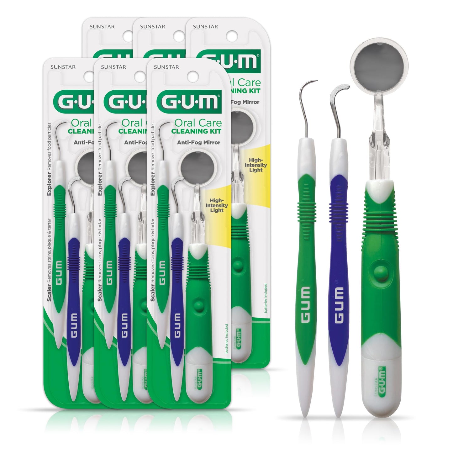 GUM Oral Care Dental Cleaning Kit, Dental Mirror with Light, Explorer Pick, and Dental Scaler, Professional Quality Stainless Steel Dental Tools, Easy-Grip Handle (6pk)