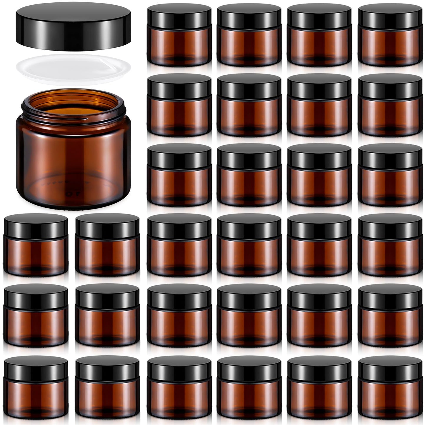 Domensi 32 Pcs 2 oz Glass Jars with Lids Small Glass Jars with Lids Round Leakproof Airtight Empty Cosmetic Travel Containers with Inner Liners Lid for Makeup Lotions Cream Ointments (Amber)