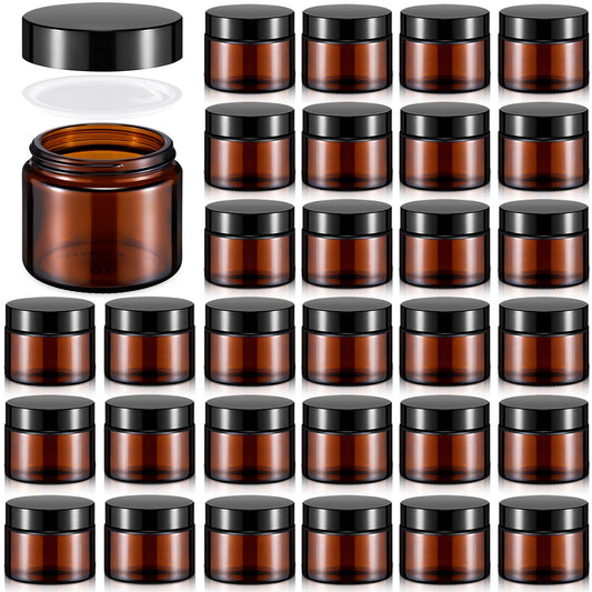 Domensi 32 Pcs 2 oz Glass Jars with Lids Small Glass Jars with Lids Round Leakproof Airtight Empty Cosmetic Travel Containers with Inner Liners Lid for Makeup Lotions Cream Ointments (Amber)