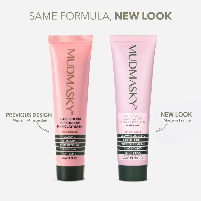 MUDMASKY Pearl Polish Superglow Pink Clay Mask 2.0 OZ - Mask-To-Scrub, MADE IN FRANCE, Made with A+ Grade AUSTRALIAN CLAY and bursting vitamin oil pearls