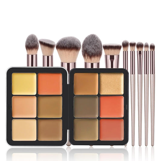 JasCherry 12 Colors Blush Palette, Colour Correcting Concealer Foundation Palette, 10 Makeup Brush Set, Highlighter Bronzer Contour Concealer Cream Matte Long Lasting Brightening Face Cosmetics