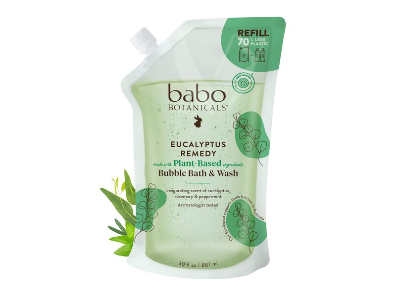 BABO Botanicals Eucalyptus Remedy 2-in-1 Bubble Bath & Wash - Invigorating Eucalyptus, Rosemary & Peppermint - for All Ages - EWG Verified - Vegan - 30 fl oz Refill Pouch