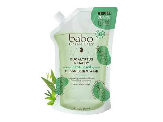 BABO Botanicals Eucalyptus Remedy 2-in-1 Bubble Bath & Wash - Invigorating Eucalyptus, Rosemary & Peppermint - for All Ages - EWG Verified - Vegan - 30 fl oz Refill Pouch