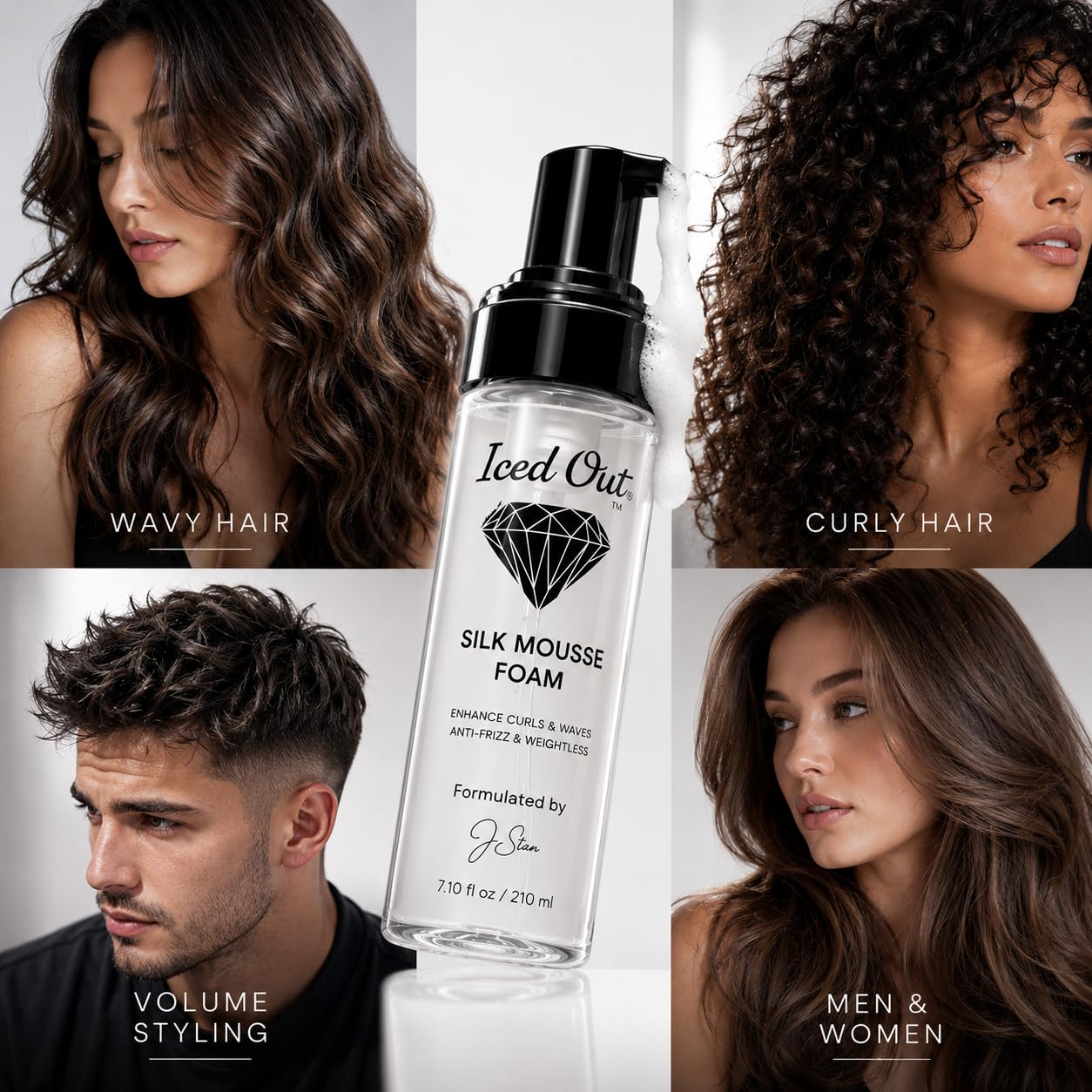 Iced Out Silk Mousse Foam | Volumizing & Curl Enhancing Hair Mousse for Men & Women – Frizz Control, Adds Shine, Long-Lasting Shape & Hold | 7.10 fl oz
