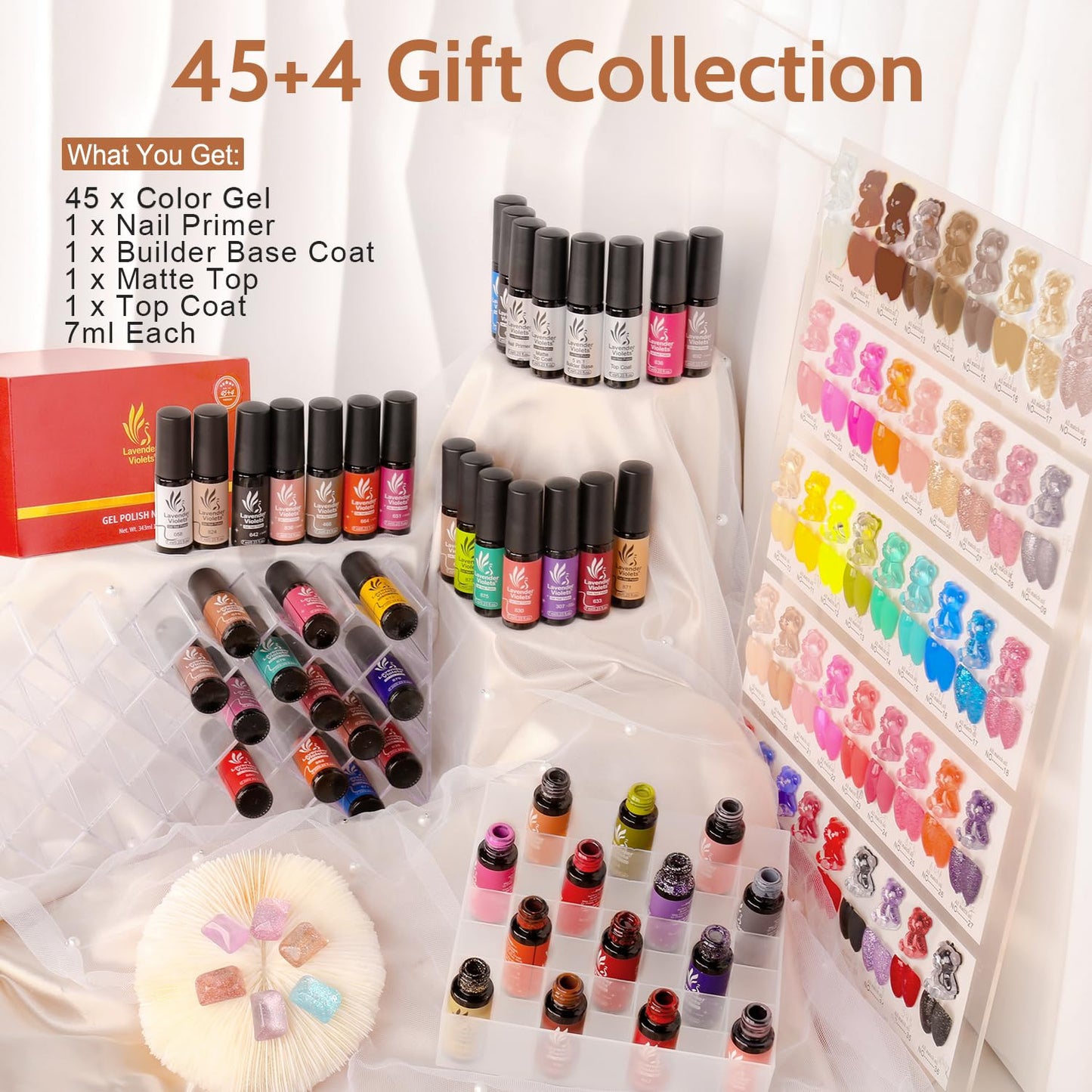 Lavender Violets 49pcs Gel Nail Polish Set 45 Colors Neon Glow in the Dark Effect with Nail Primer Builder Base Coat Glossy & Matte Top Coat Jelly Shades for Gift Set Nail Art Design A950