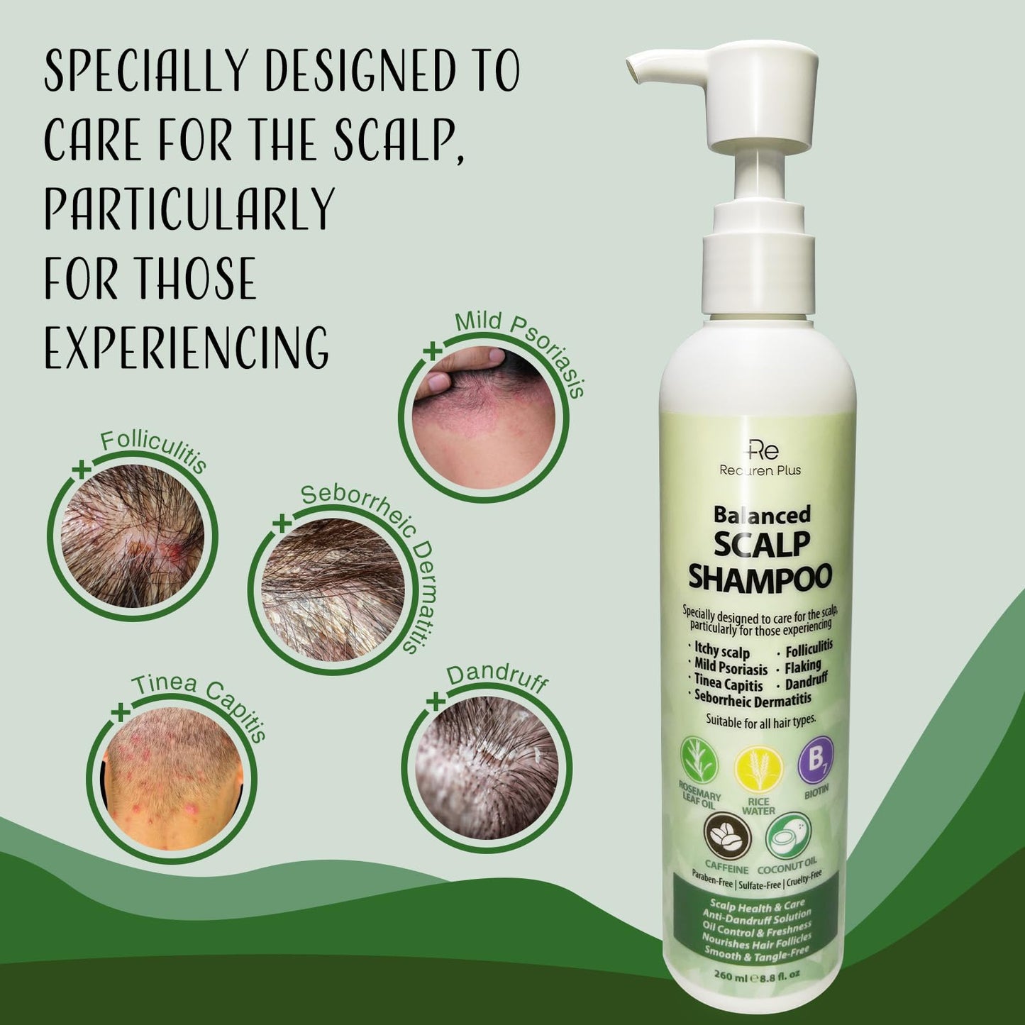 Recuren Plus Shampoo for Folliculitis and Psoriasis: Seborrheic Dermatitis, Dandruff and Itchy Scalp Relief with Salicylic Acid, Piroctone Olamine, Rosemary & Coconut Oil
