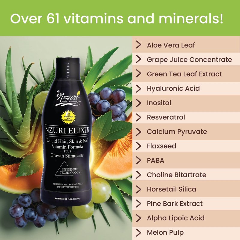 Nzuri Elixir Hair Skin and Nails Vitamins for Women and Men with Biotin, Folate, and Vitamin D for Daily Growth Supplement to Reducing Dryness, Thinning, and Loss, 32 oz.