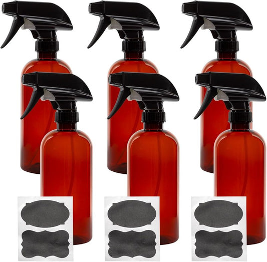 Amber Plastic Spray Bottles - 16oz Heavy Duty Mist & Stream Sprayers | 6-Pack with Chalkboard Labels, BPA-Free