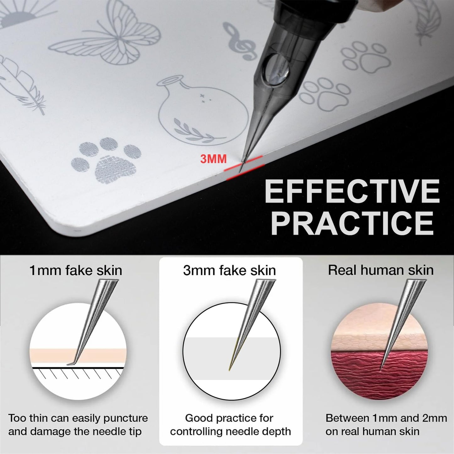 Guapa 3MM Pre-Printed Tattoo Practice Skin – 5.7×8.2"" Thick Silicone Fake Skin for Fine Line Tattoos – Realistic Double-Sided Tattoo Skin for Beginners & Artists (White 3PCS and pink 3PCS)