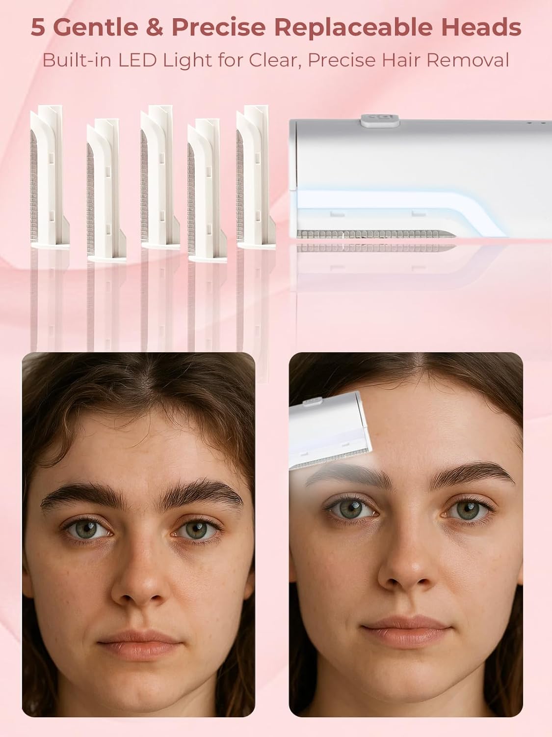 Dermaplane Facial Razor - Electric 3-Speed Sonic Hair Removal Tool with LED Light | USB-C Rechargeable, 5 Replacement Heads