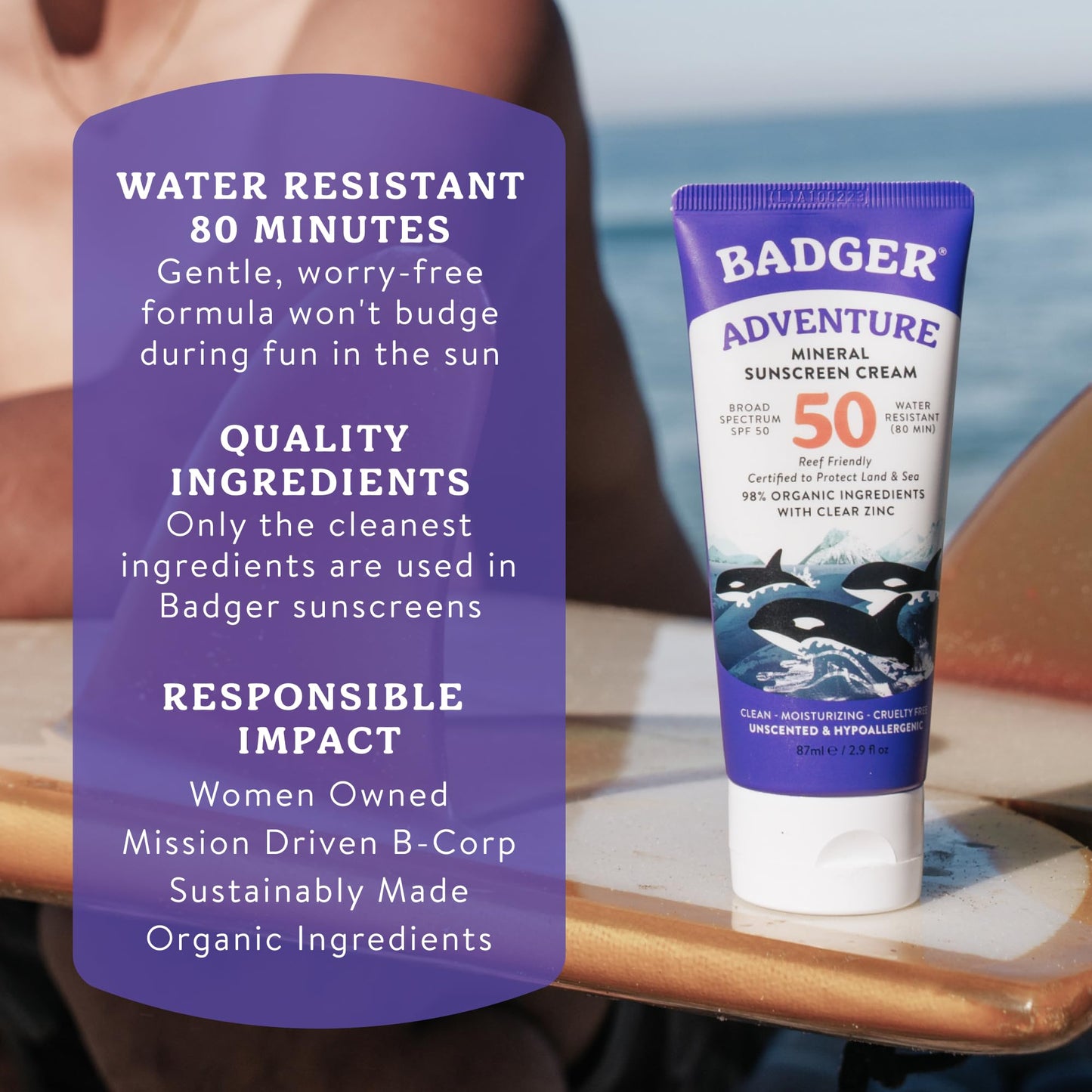 Badger Reef Safe Mineral Sunscreen, SPF 50, 98% Organic with Zinc Oxide, Non Toxic, Water Resistant, Unscented & Hypoallergenic, Broad - Spectrum, For Adventure & Sport, 2.9 fl oz (2 Pack)