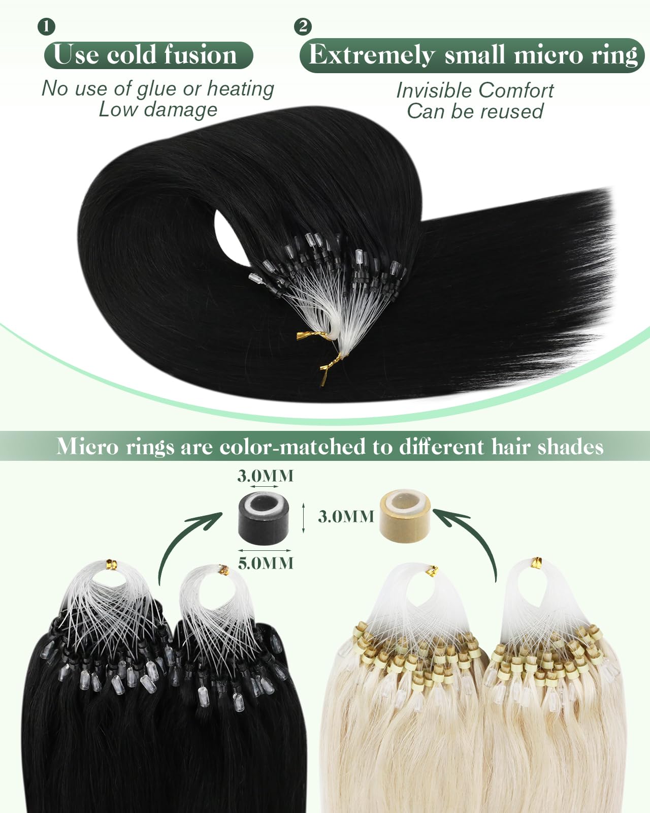 Ugeat 24 Inch Microlink Hair Extensions Human Hair, Black Micro Hair Extensions Human Hair, Jet Black Micro Ring Hair Extension, Manageable for Both Salon and Home care, 50G 50S