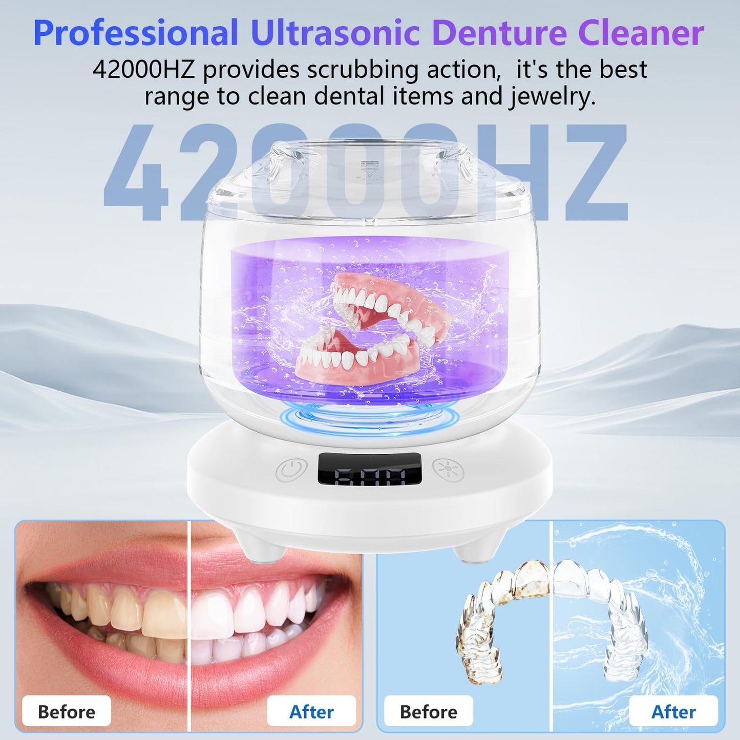 Ultrasonic Retainer Cleaner - 2025 Denture & Aligner Cleaning Machine | 4 Modes, Durable Design, White