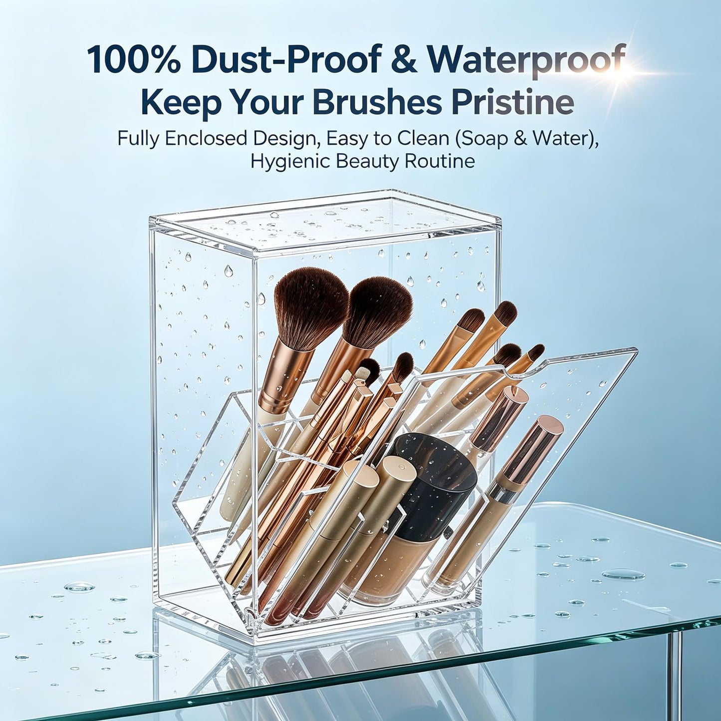 VORA Makeup Brush Holder, Clear Make Up Brush Holder Organizer with 17 Slots, Tilt Open Large Makeup Brush Holde with Lid, Acrylic Makeup Organizer for Vanity Decor Office Home