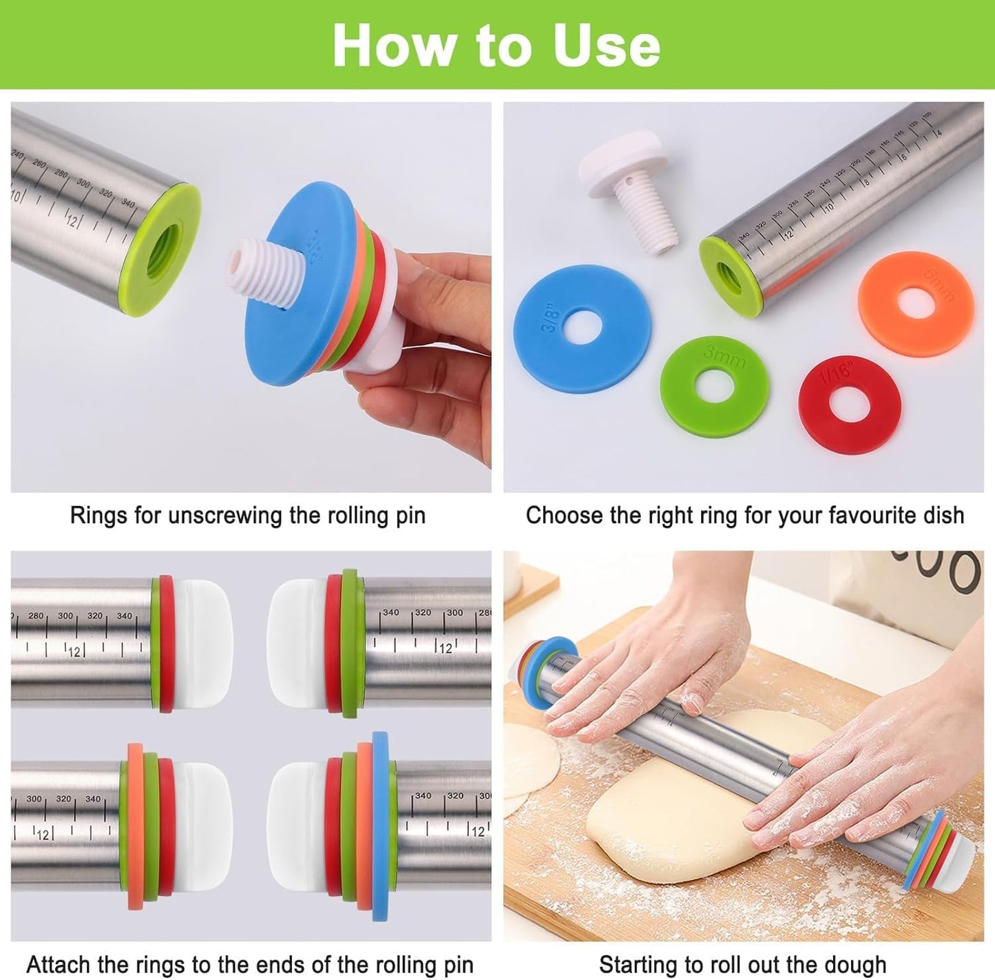liboyixi Rolling Pin and Pastry Baking Mat Set, 17-inch Rolling Pins with Adjustable Thickness Rings, Stainless Steel Dough Roller for Baking Fondant, Pizza, Pie, Pastry, Pasta, Cookies (Red)