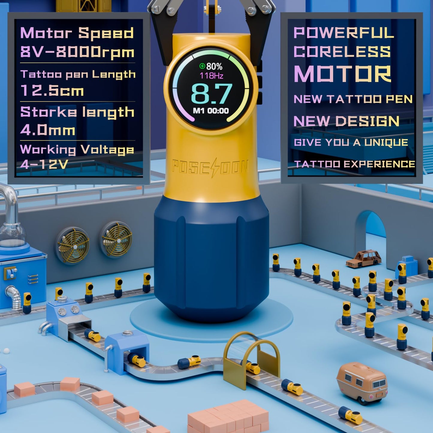 POSEIDON Tattoo Kit, Tattoo Pen Kit, Wireless Rotary Tattoo Gun Kit, LED Color Screen Tattoo Machine Kit with 20 Pcs Tattoo Cartridge Needles and 12 Tattoo Inks, Tattoo Supplies for Beginners