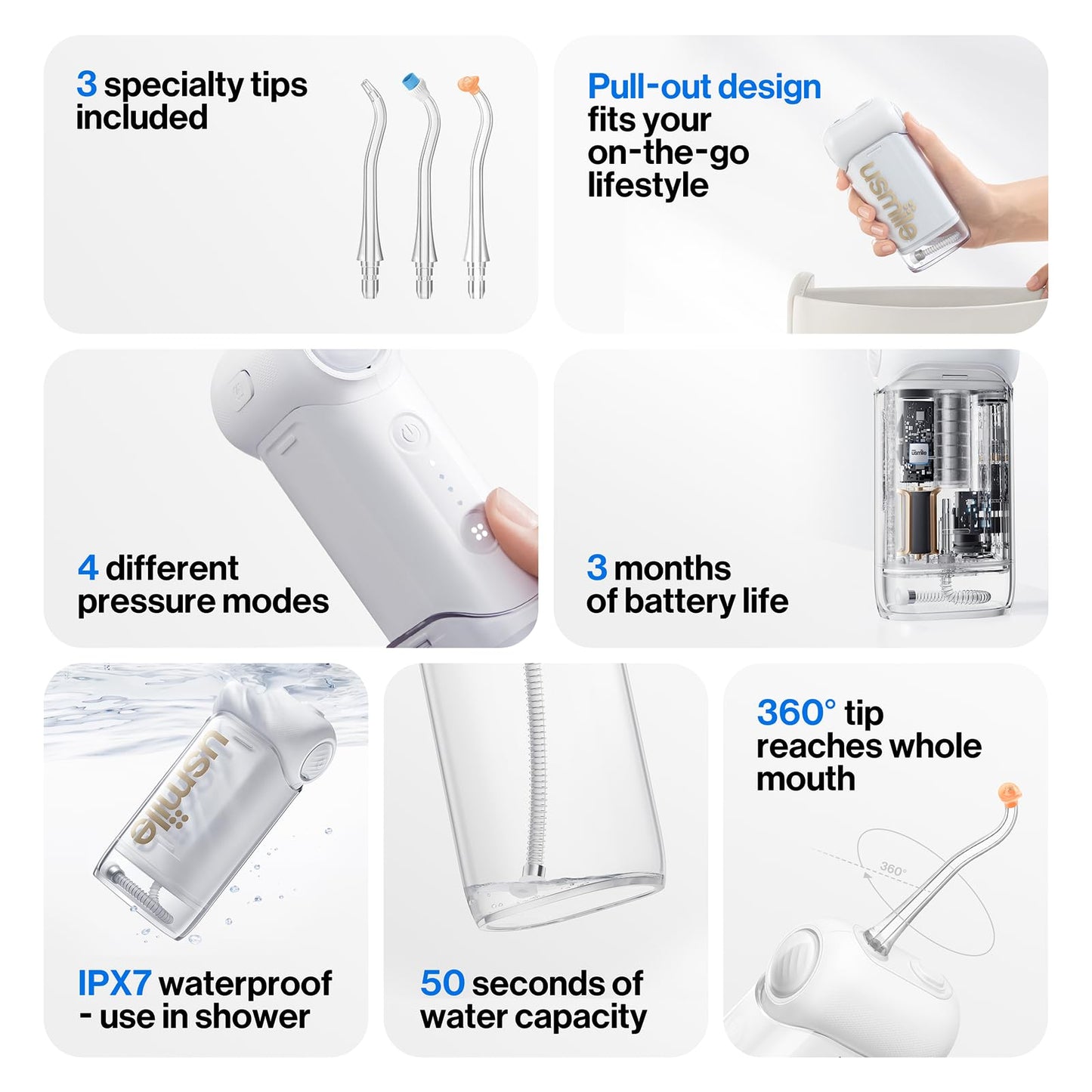 usmile C10 Portable Water Flosser for Travel – 95-Day Battery, 4 Modes, 360° Nozzle, 180ml Tank, IPX7 Waterproof, Dentist-Recommended for Braces, Implants & Sensitive Gums (White)