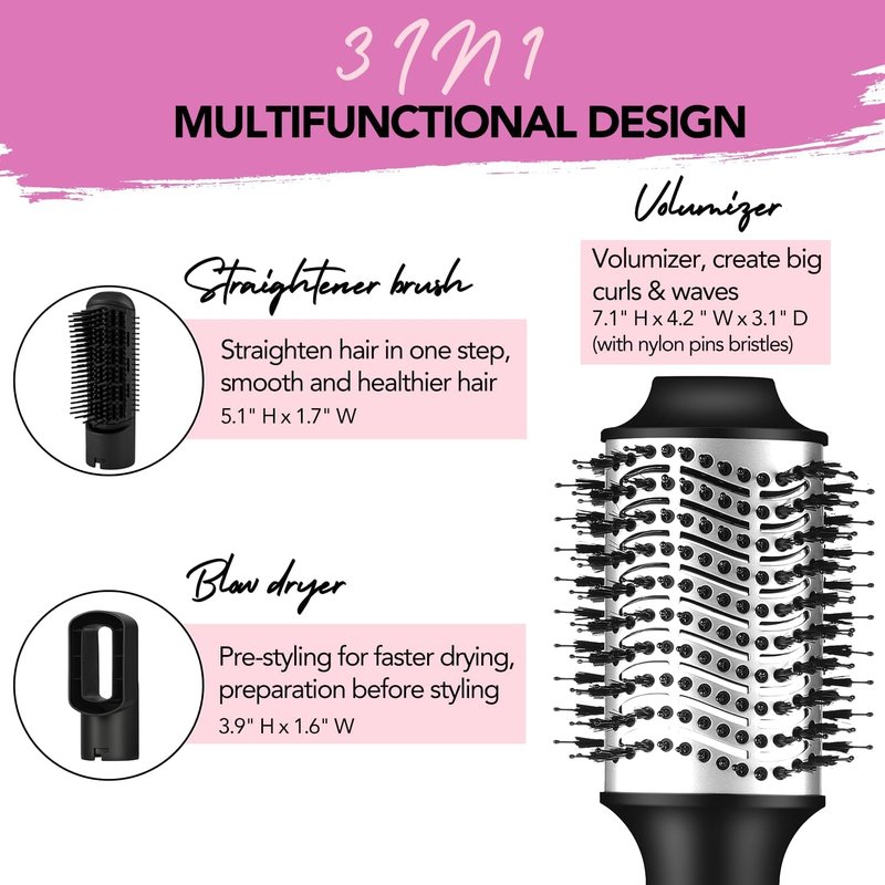 Ouphiny Blow Dryer Brush, 3 in 1 Ceramic Hot Air Brush Set Volumizer with Negative Ionic, 3 Inch Oval Brush Hair Styling Tool for All Hair Types, Interchangeable Multi-Temperature Settings, Pink