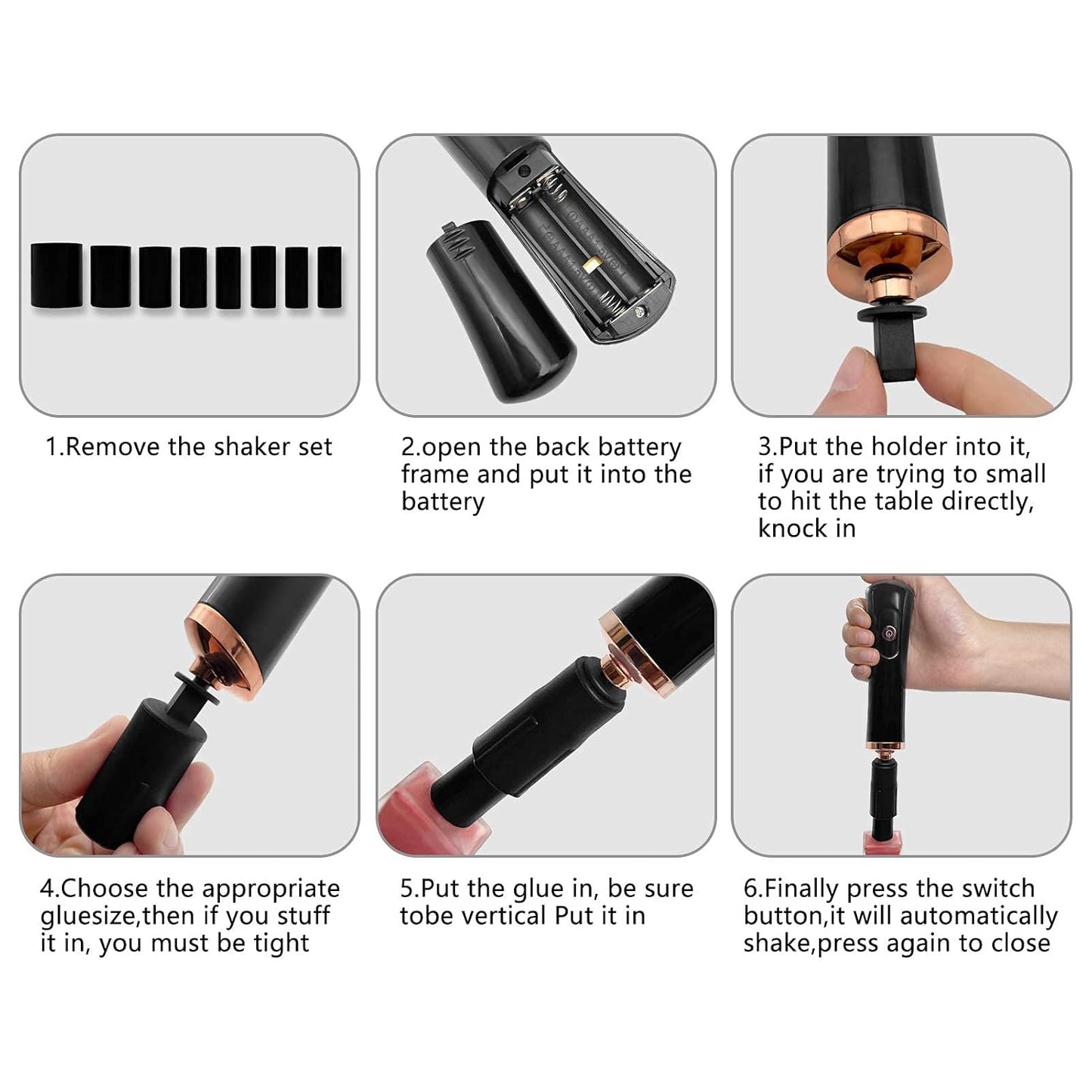 Nail Polish Mixer - Portable Electric Nail Lacquer Shaker with 2 Connectors | 8 Sizes for Even Mixing (Black)