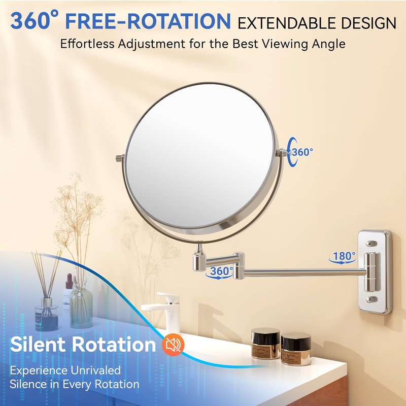 Auxmir 8'' Wall Mounted Makeup Mirror, 1X/20X Double-Sided Magnifying Mirror with Tweezer, HD Bathroom Makeup Mirror, Cosmetic Vanity Mirror with 360 Rotation Extendable Swivel Arm, Chrome