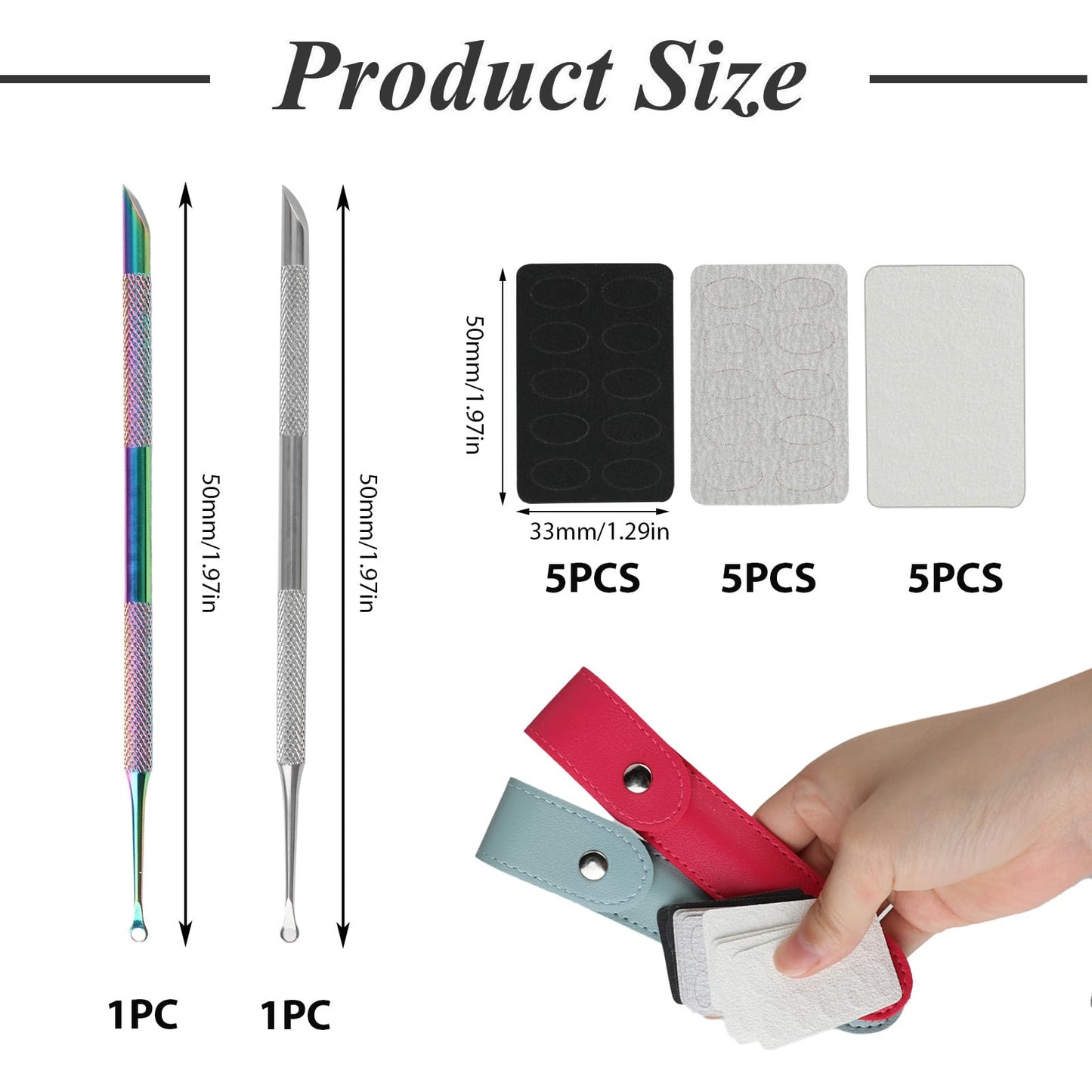 TNJPSEK 2 Pack Professional Nail Polish Around Cuticle Remover Tools, Pre-treatment Cuticle Pusher with 15 Sheets 100/180/240 Grit Sandpaper, Dual-Ended Russian Nail Polish for Manicure Pedicure Salon