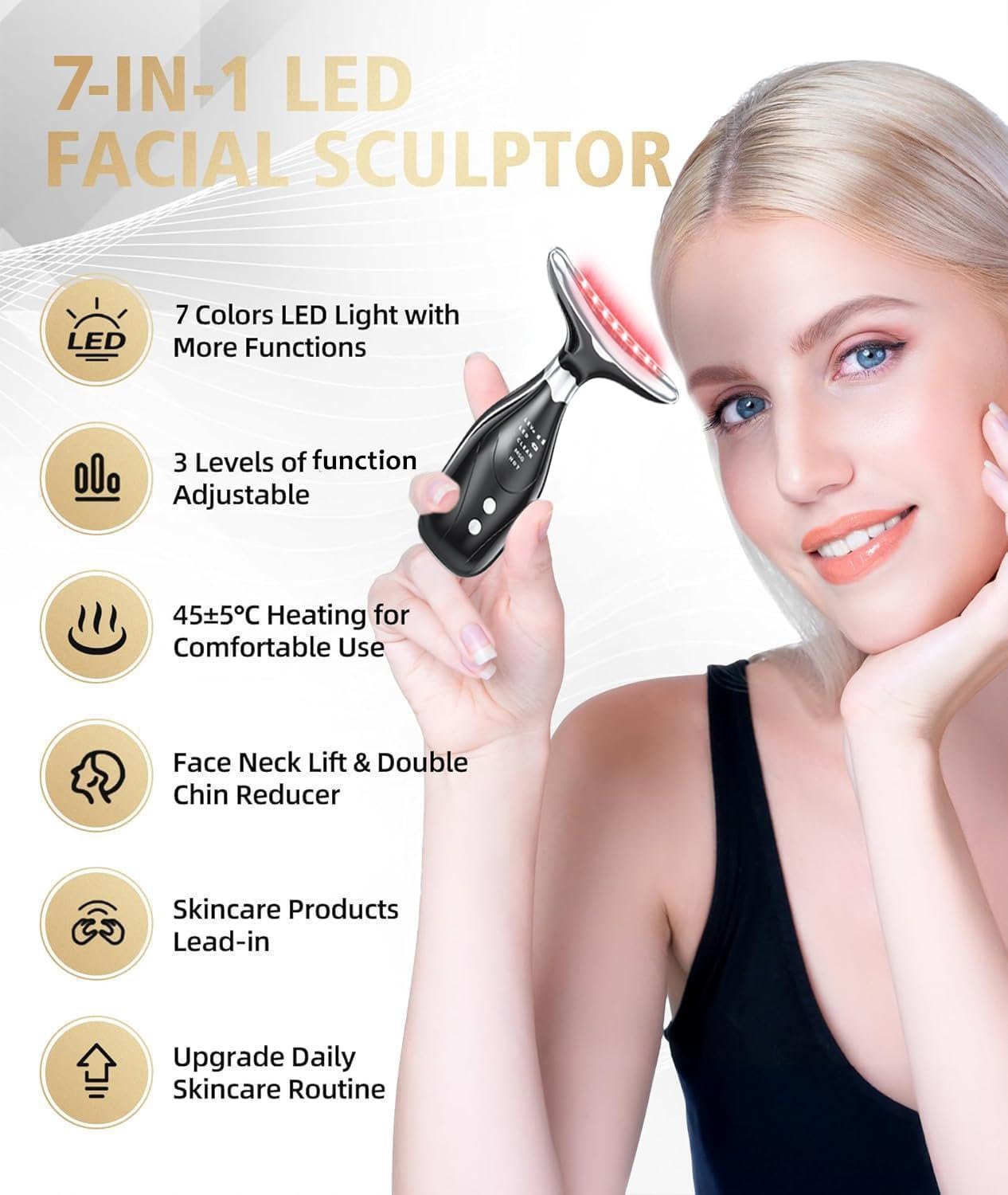 7-In-1 Face Massager Tool - Red Light Therapy & Color Lights | Portable Facial Sculptor with Heat & Vibration