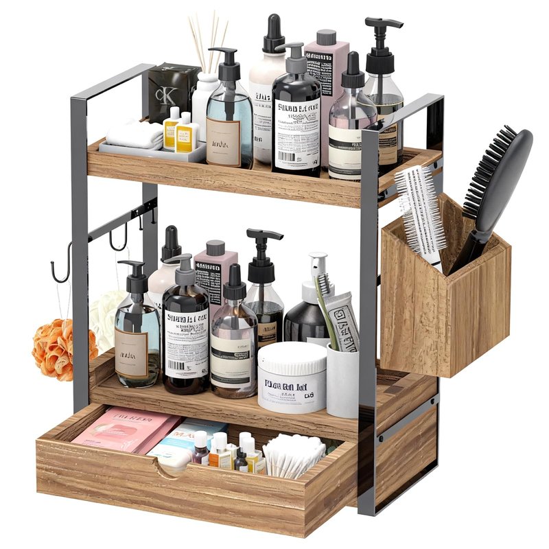2-Tired Bathroom Counter Organizers and Storage, Bathroom Countertop Organizer with Drawer, Solid Wood Skincare Perfume Organizer for Vanity Kitchen Corner Shelf Office Countertop (Drak Brown)